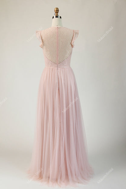 Pretty Tulle Long Bridesmaid Dress with Jewel Neckline