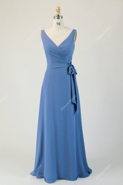 Classic V neck A Line Bridesmaid Dress With Wrap Bodice – MakerryBridal