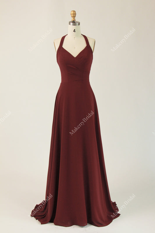 Halter Neck Chiffon Bridesmaid Dress With Pleated Detail Bodice