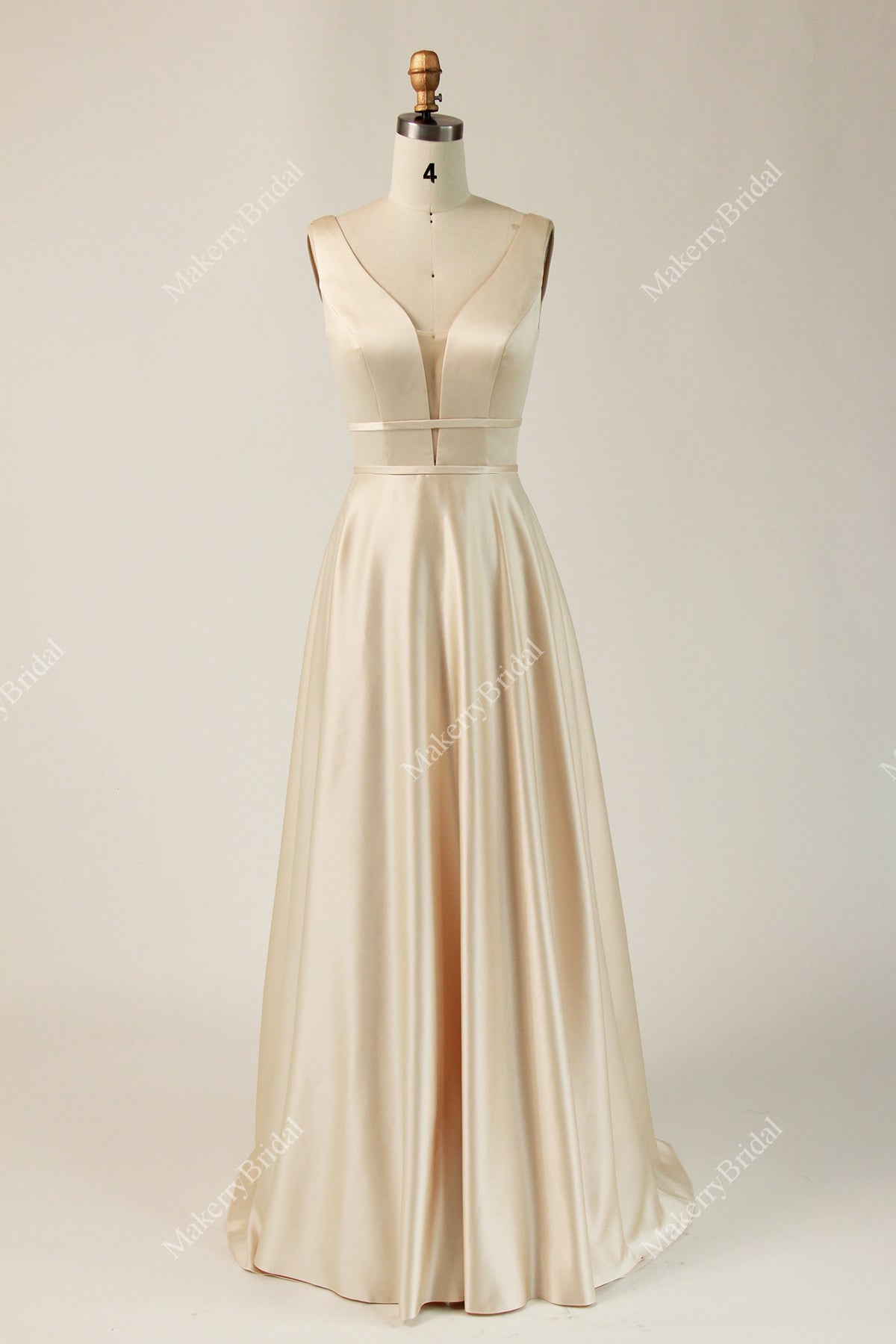 Satin V-neck Fitted Bodice Bridesmaid Dress With Double Banded Waistline