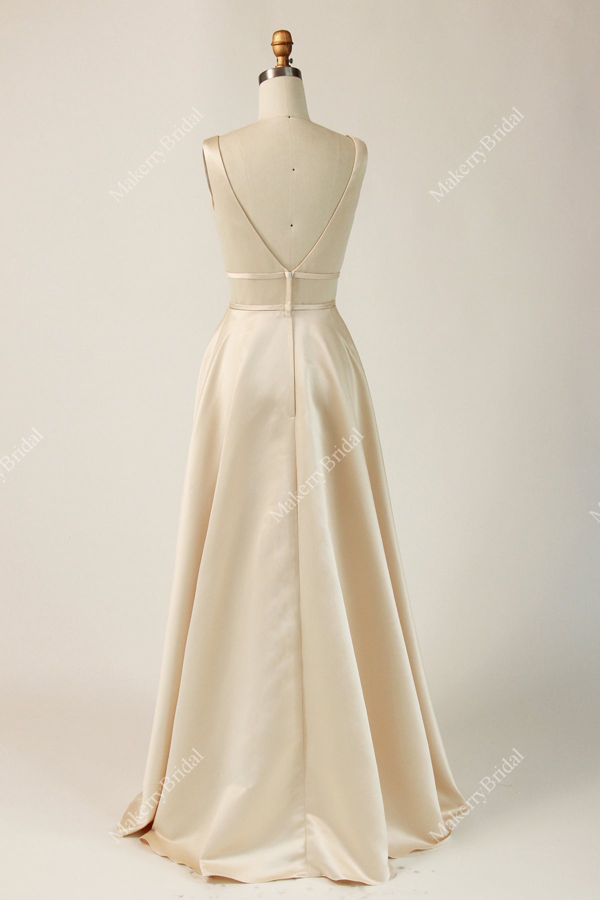 Satin V-neck Fitted Bodice Bridesmaid Dress With Double Banded Waistline