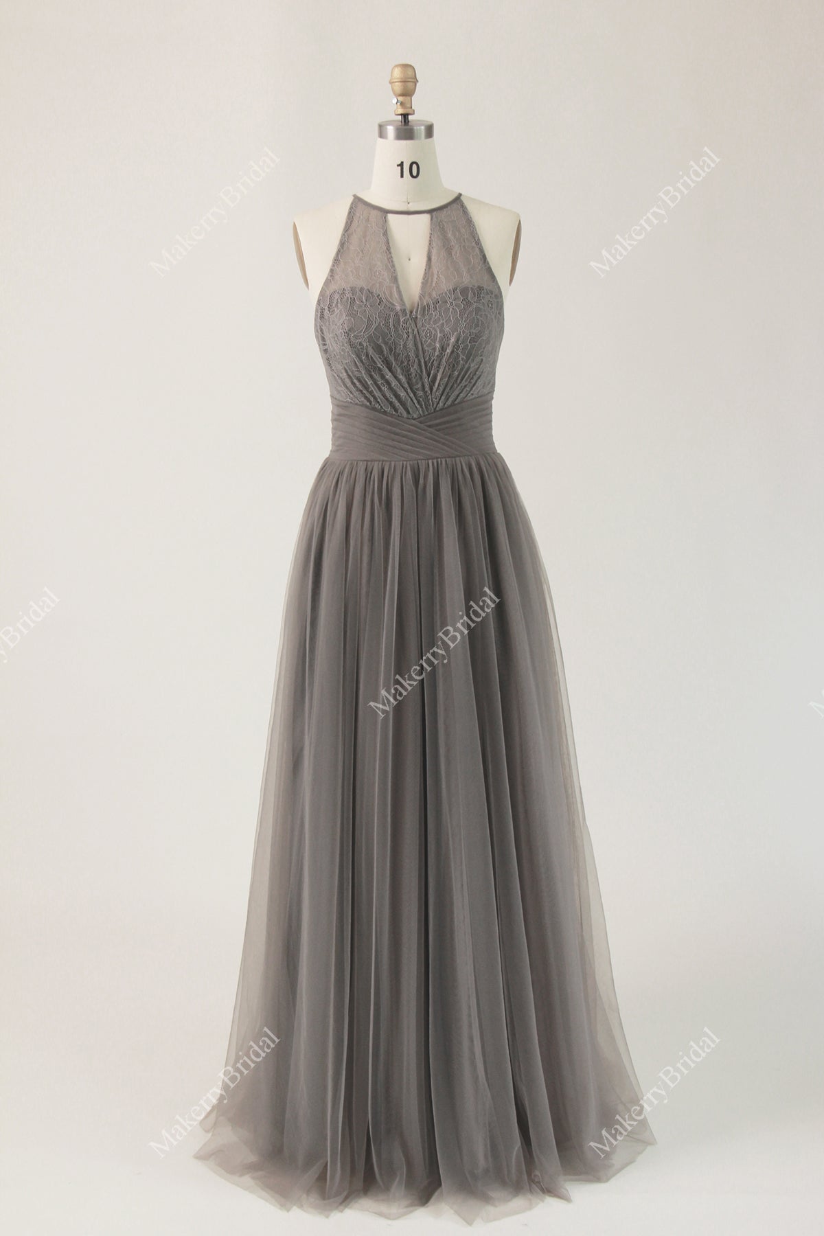 Lace Tulle Long Bridesmaid Dress with Halter Neckline – MakerryBridal