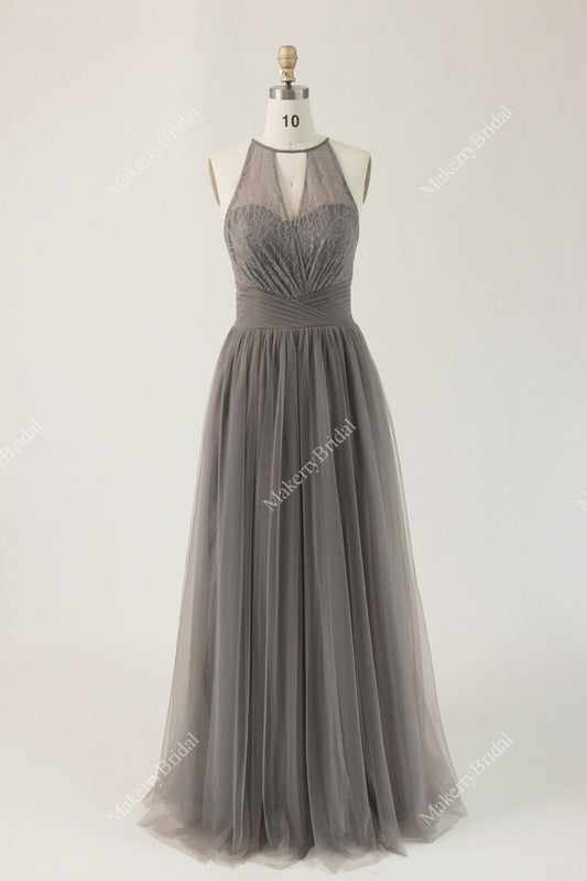 Lace Tulle Long Bridesmaid Dress with Halter Neckline
