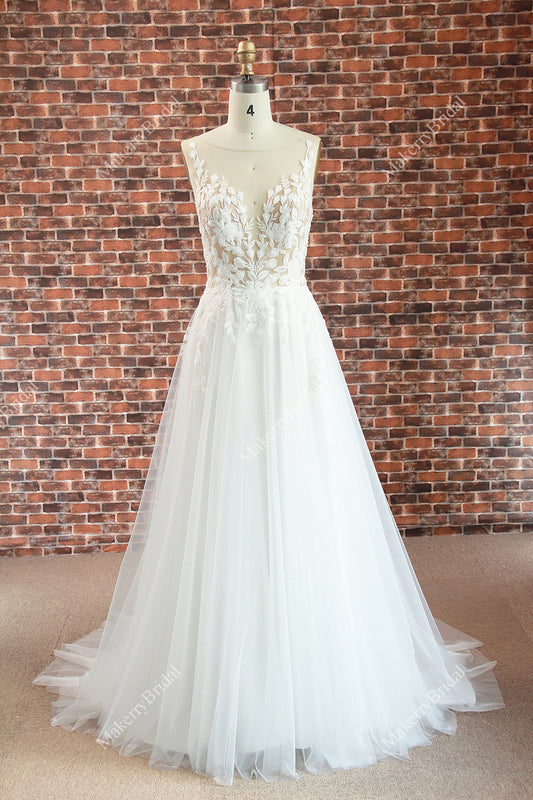 Elegant  See Through Appliques A Line Wedding Dress