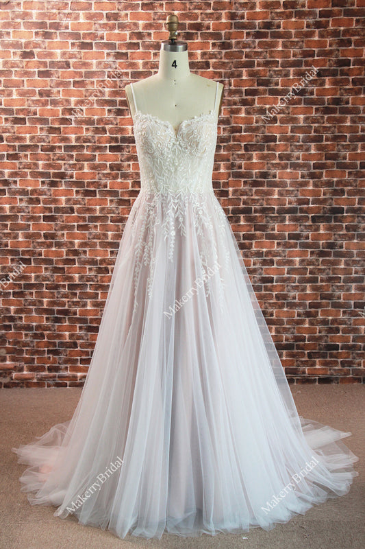 Beautiful Ethereal A-Line Wedding Dress with Spaghetti Straps