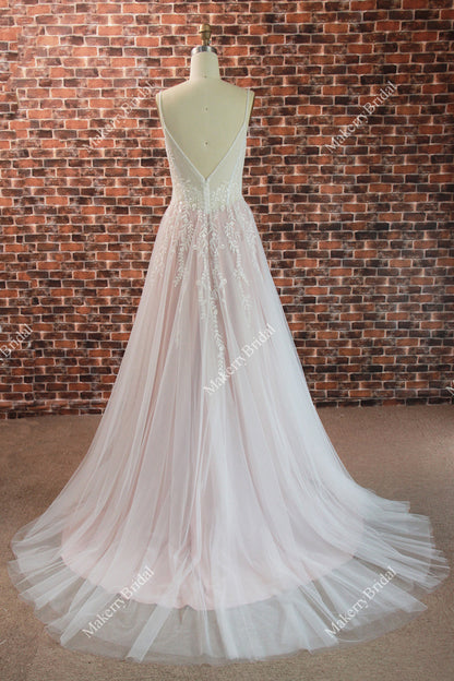 Beautiful Ethereal A-Line Wedding Dress with Spaghetti Straps