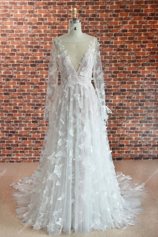 Romantic Boho Lace butterflies pattern Wedding Dress With Long Sleeves