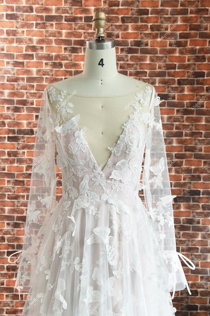 Romantic Boho Lace butterflies pattern Wedding Dress With Long Sleeves