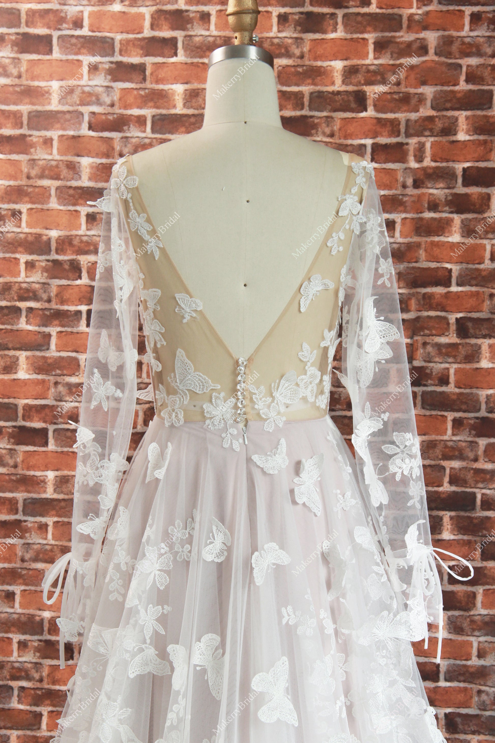 Romantic Boho Lace butterflies pattern Wedding Dress With Long Sleeves