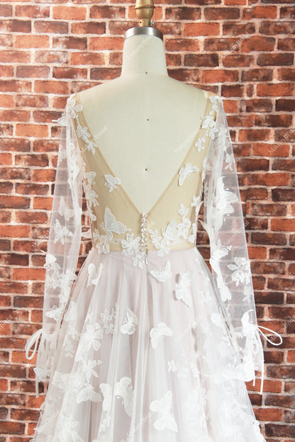 Romantic Boho Lace butterflies pattern Wedding Dress With Long Sleeves