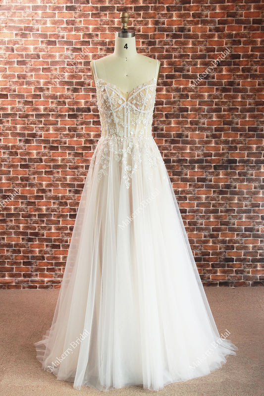 Boho See Through Lace Wedding Dress With 3D beaded Flowers