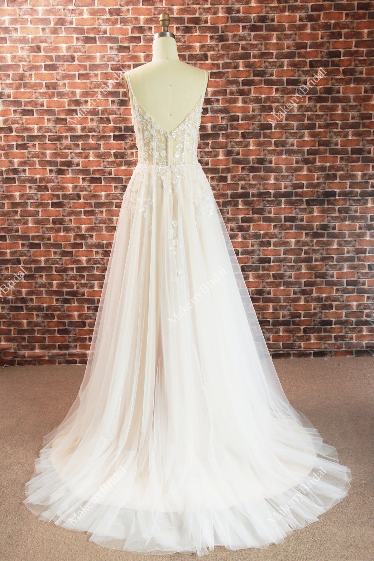 Boho See Through Lace Wedding Dress With 3D beaded Flowers