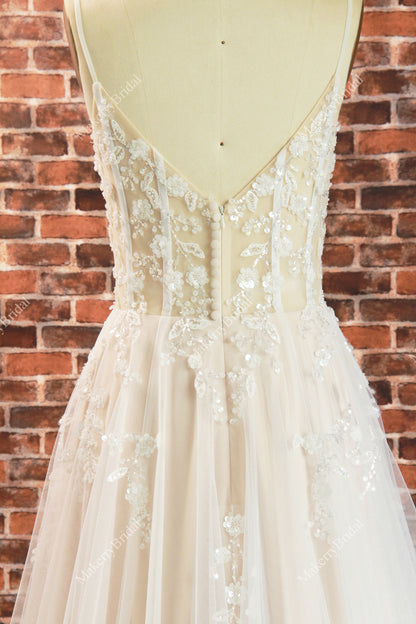 Boho See Through Lace Wedding Dress With 3D beaded Flowers