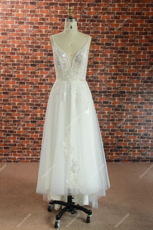 A-line Spaghetti Straps Lace Princess-Style Bridal Gown