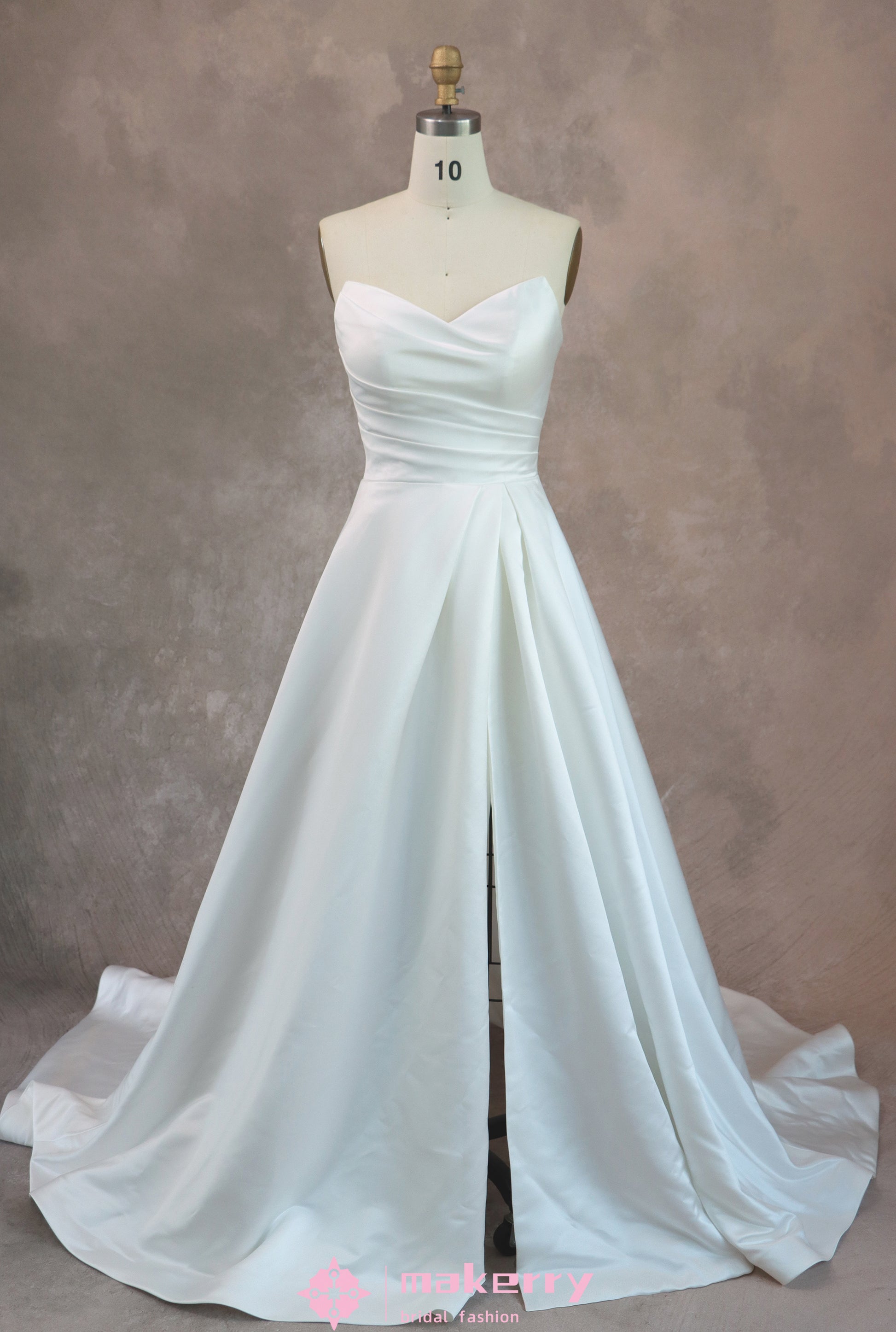 Satin A-Line wedding Gown With Split MakerryBridal Satin A-Line wedding Gown With Split MakerryBridal