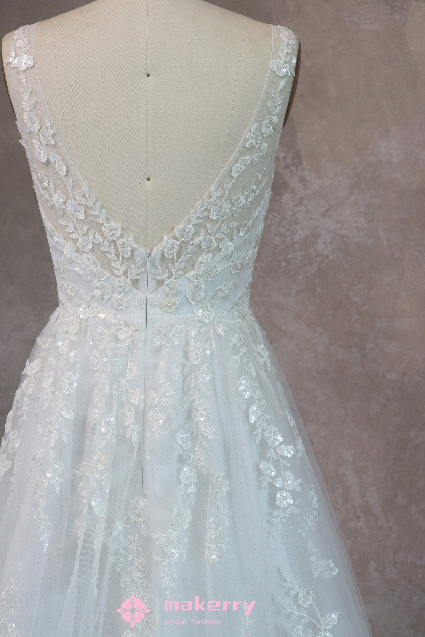 Lace Bodice & Glitter Tulle Skirt Designer Bridal Gown