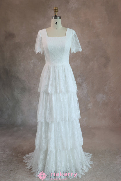 Vintage A Line Tiered Lace Wedding Dress With Square Neckline