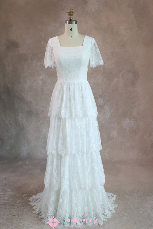 Vintage A Line Tiered Lace Wedding Dress With Square Neckline