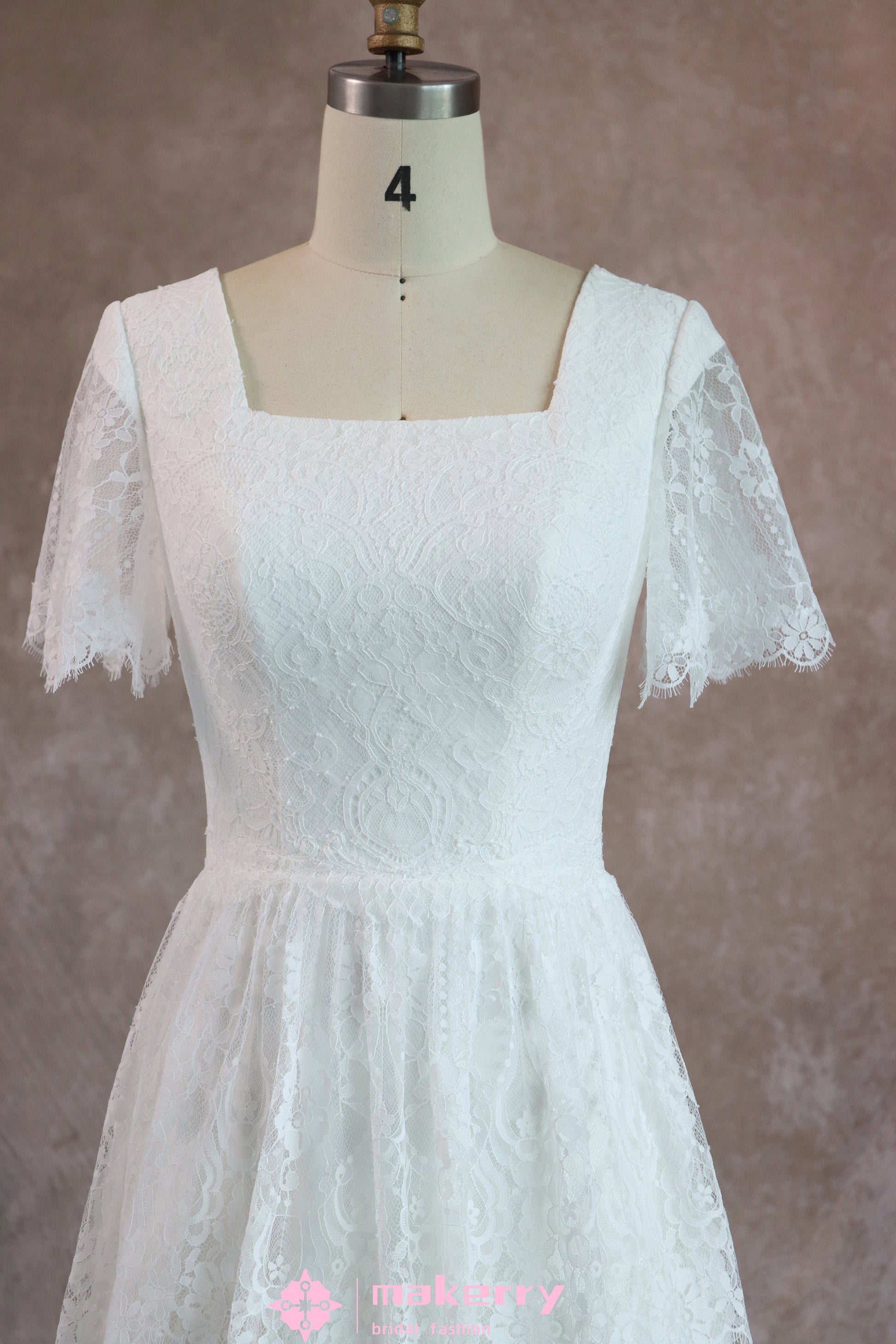 Vintage A Line Tiered Lace Wedding Dress With Square Neckline MakerryBridal Vintage A Line Tiered Lace Wedding Dress With Square Neckline MakerryBridal