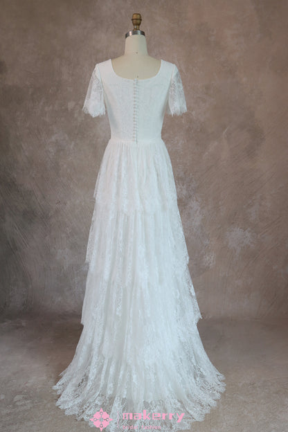 Vintage A Line Tiered Lace Wedding Dress With Square Neckline