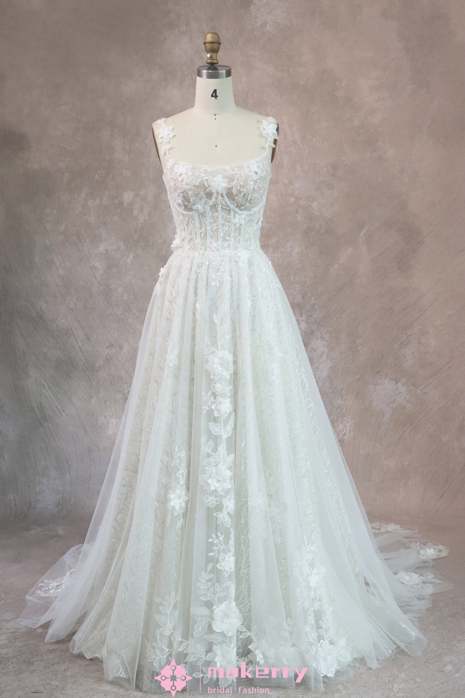 Romantic 3D Floral Lace Glitter Tulle Bridal Dress MakerryBridal Romantic 3D Floral Lace Glitter Tulle Bridal Dress MakerryBridal