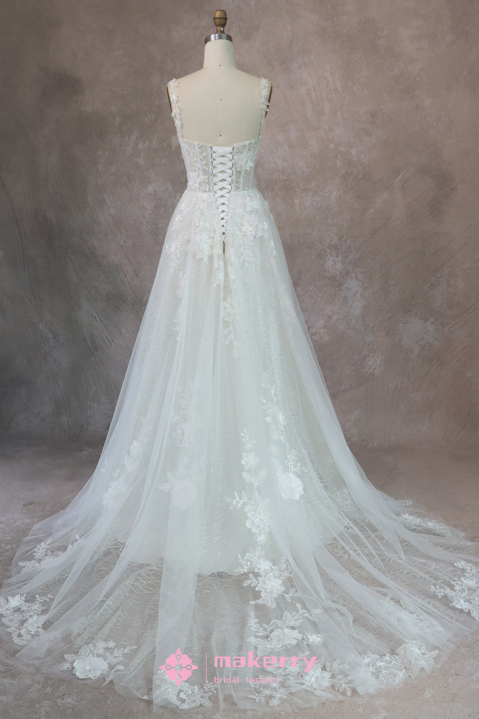 Romantic 3D Floral Lace Glitter Tulle Bridal Dress MakerryBridal Romantic 3D Floral Lace Glitter Tulle Bridal Dress MakerryBridal