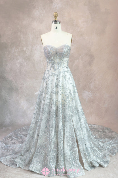 Glittering Silver Wedding Gown With Split