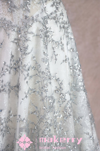 Glittering Silver Wedding Gown With Split