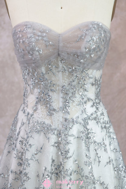 Glittering Silver Wedding Gown With Split