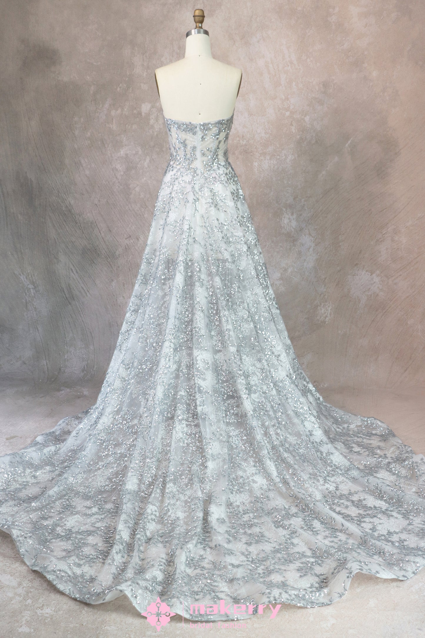 Glittering Silver Wedding Gown With Split