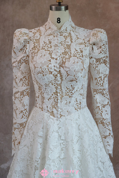 Romantic Lace High Neck Wedding Dress With Long Sleeves