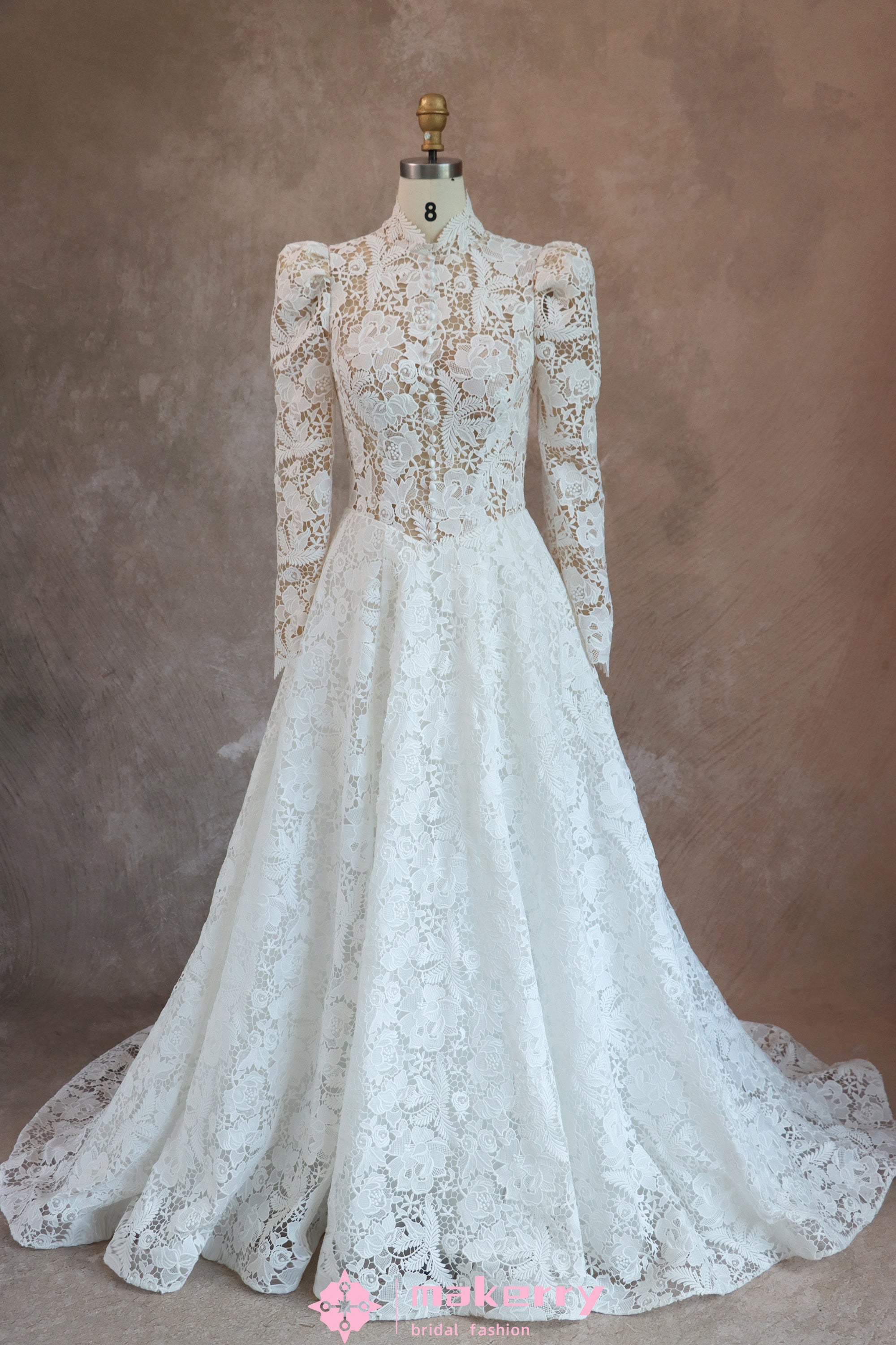Romantic Lace High Neck Wedding Dress With Long Sleeves – MakerryBridal