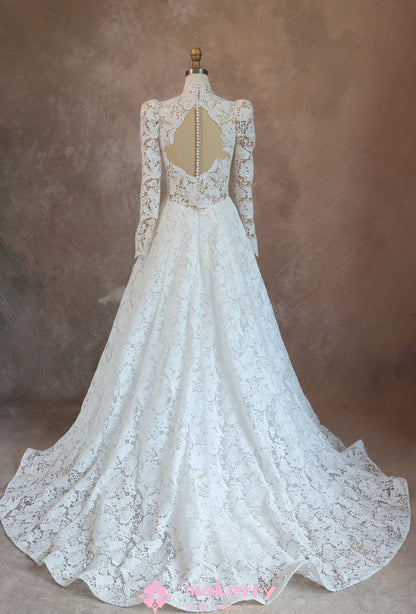 Romantic Lace High Neck Wedding Dress With Long Sleeves MakerryBridal Romantic Lace High Neck Wedding Dress With Long Sleeves MakerryBridal