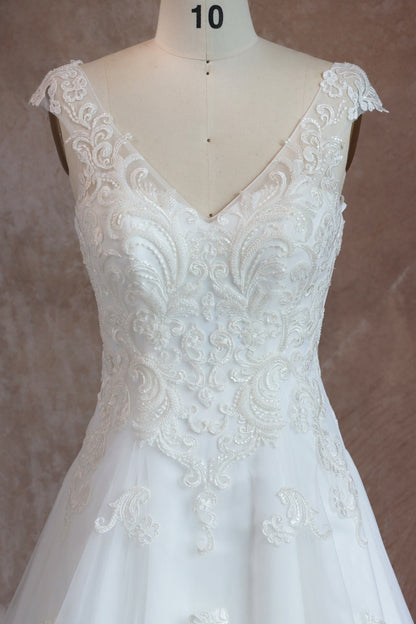 A-Line V Neck Beaded Lace Wedding Dress