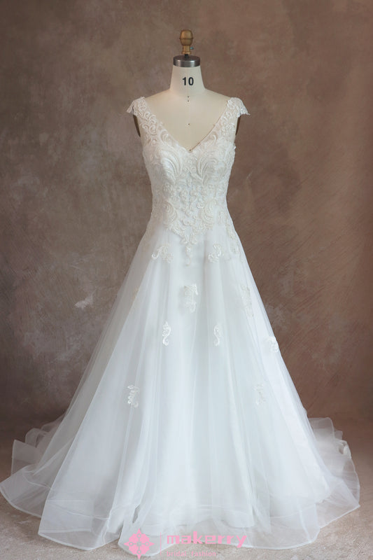 A-Line V Neck Beaded Lace Wedding Dress