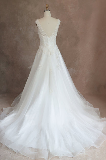 A-Line V Neck Beaded Lace Wedding Dress