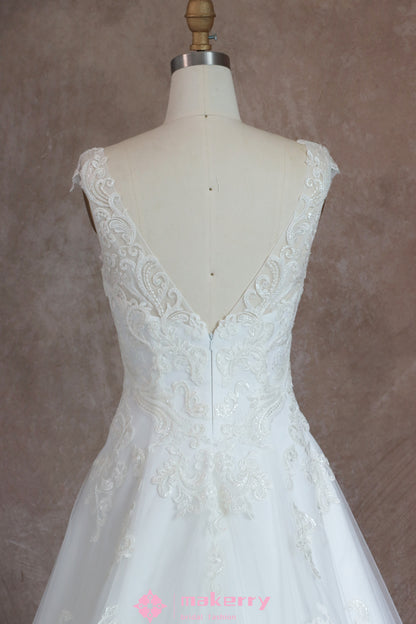 A-Line V Neck Beaded Lace Wedding Dress