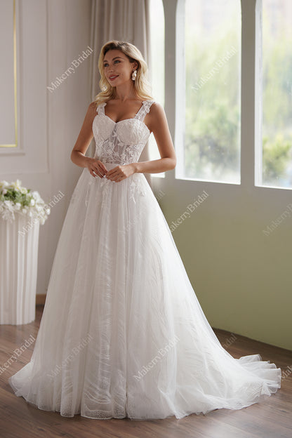 Romantic A-Line Lace Champagne Off-Shoulder Bridal Dress