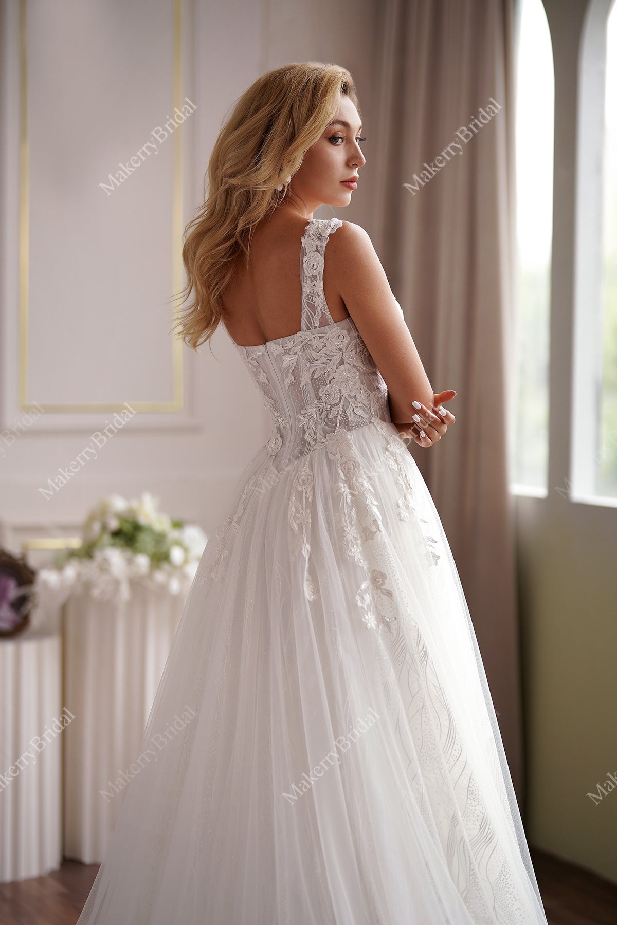 Romantic A-Line Lace Champagne Off-Shoulder Bridal Dress