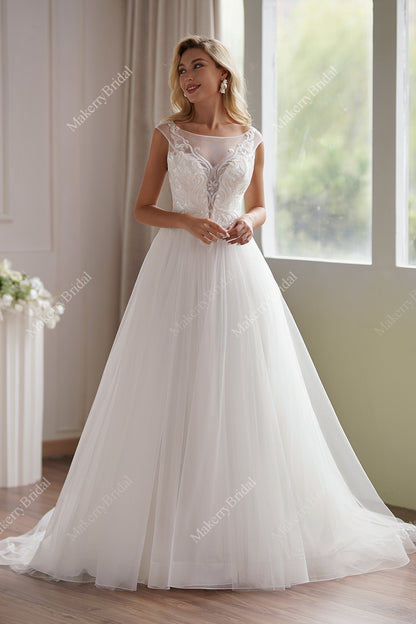 Illusion Cap Sleeve Beaded Lace Tulle Wedding Dress