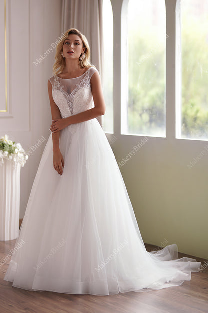 Illusion Cap Sleeve Beaded Lace Tulle Wedding Dress