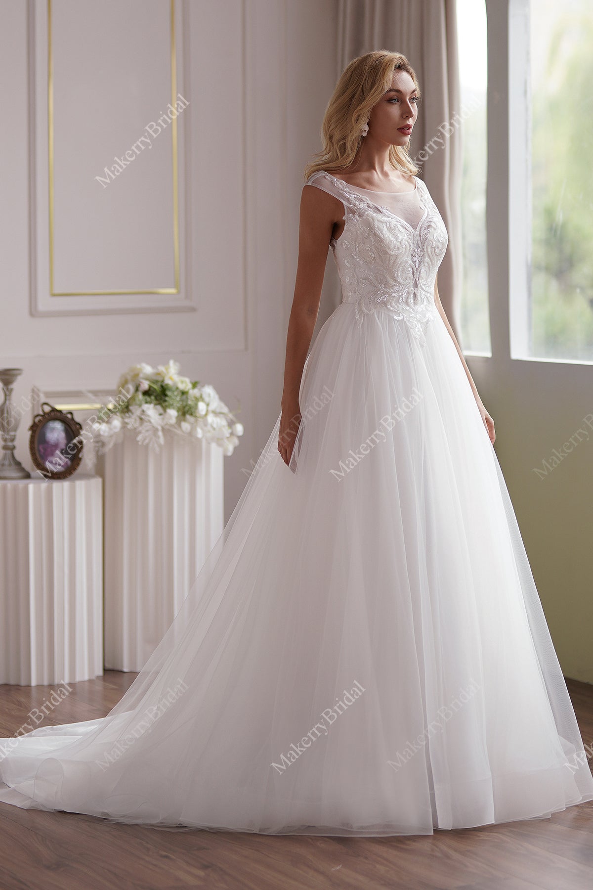 Illusion Cap Sleeve Beaded Lace Tulle Wedding Dress