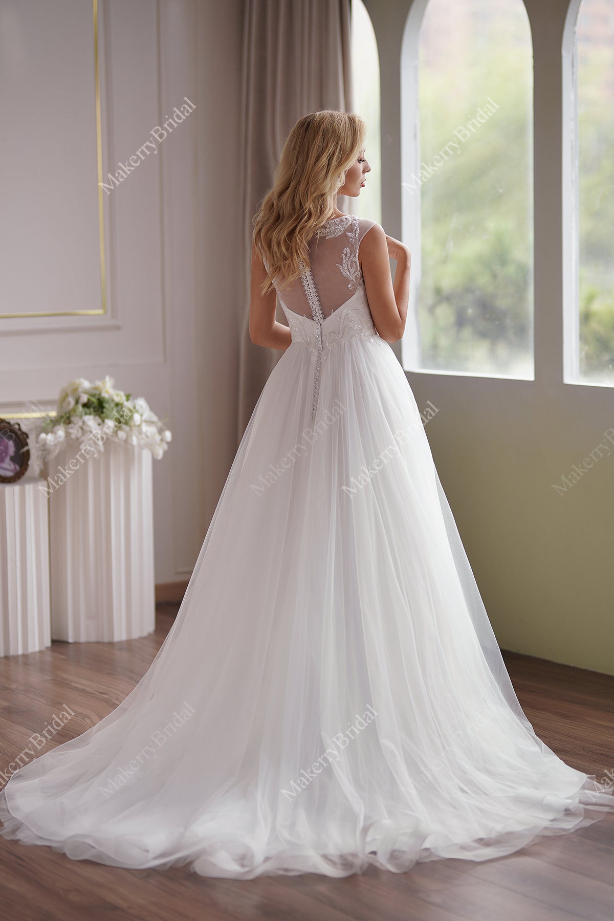 Illusion Cap Sleeve Beaded Lace Tulle Wedding Dress MakerryBridal