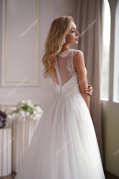 Illusion Cap Sleeve Beaded Lace Tulle Wedding Dress