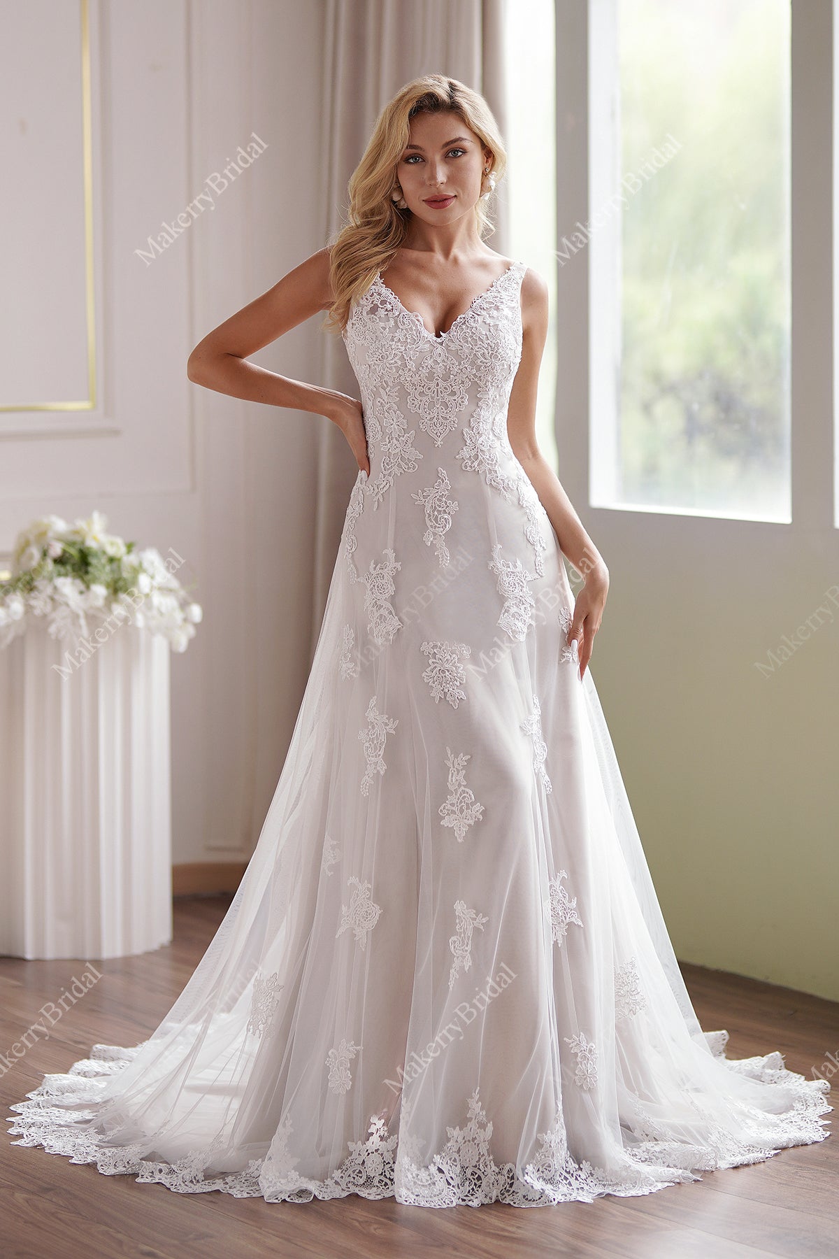Romantic Strap V-Neck Fit & Flare Wedding Dress – MakerryBridal