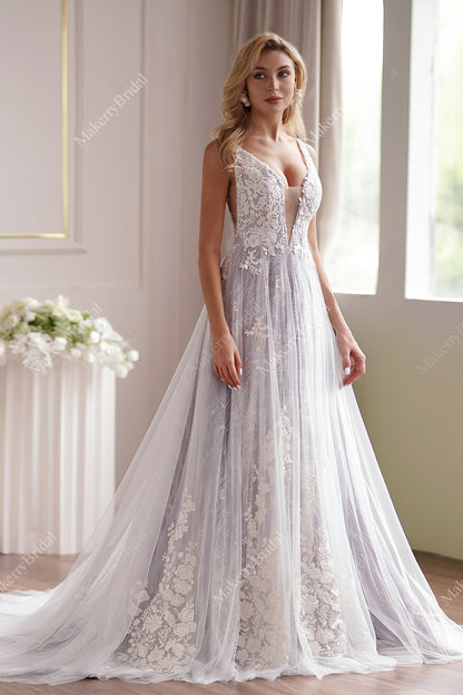 Lavender Plunging-V Beaded Lace Wedding Dress