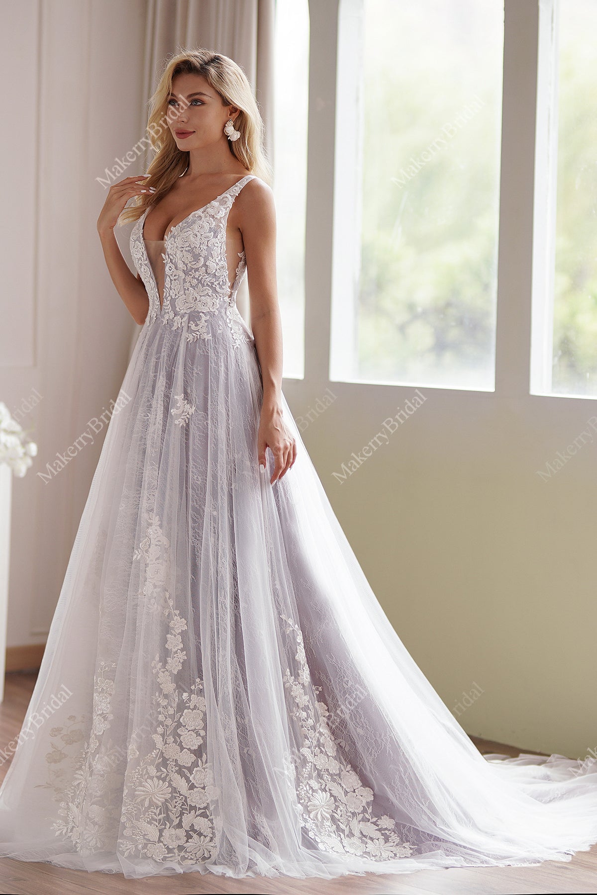 Lavender Plunging V Beaded Lace Wedding Dress