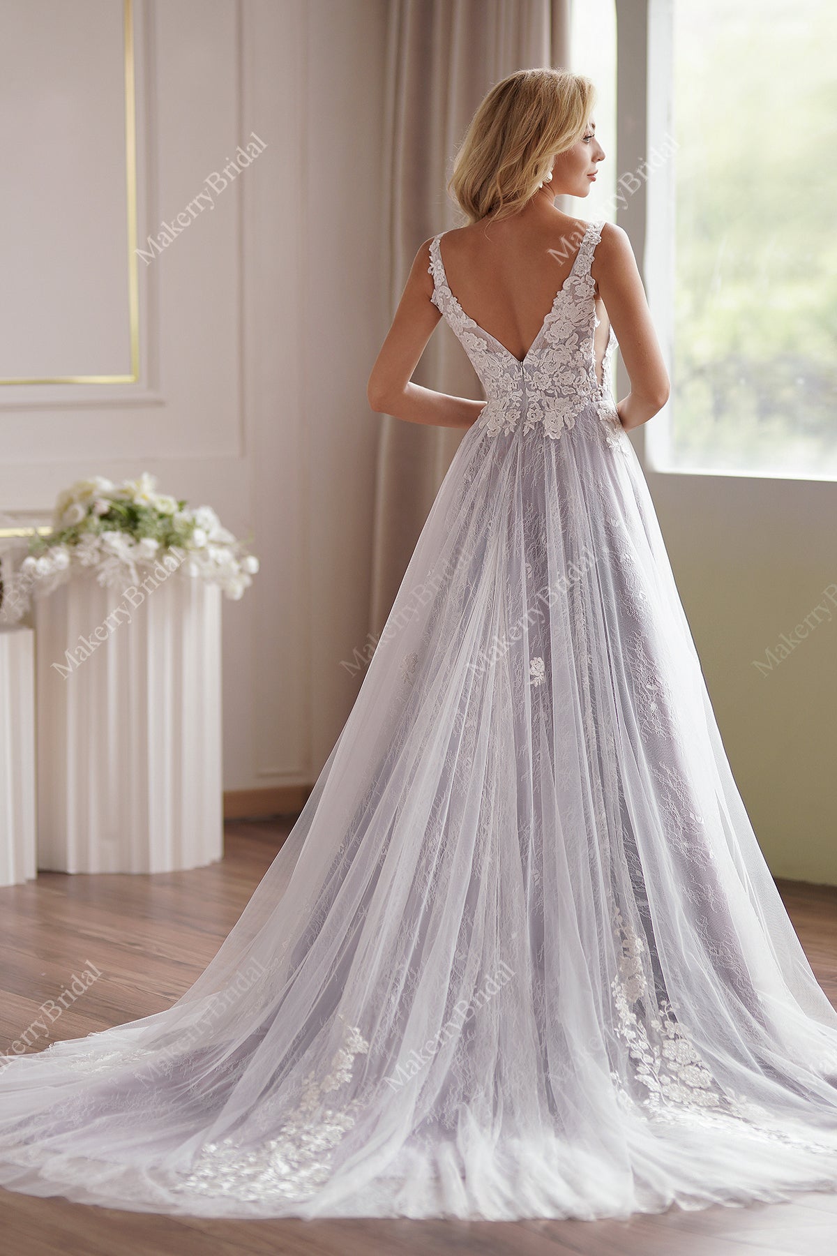 Lavender Plunging-V Beaded Lace Wedding Dress