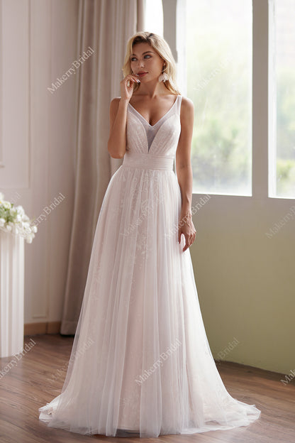 Delicate Lace V Neck A Line Wedding Dress Tulle Wedding Gown with Sweep  Train AWD1916