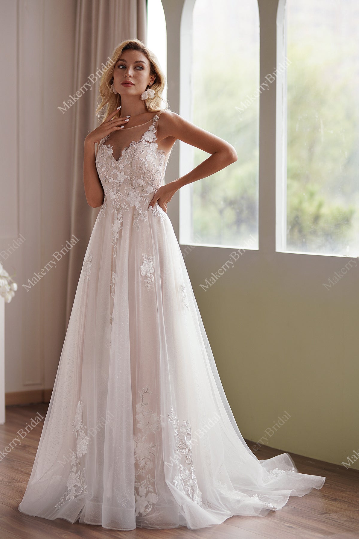 Romantic Beaded Lace Illusion Back Bridal Gown